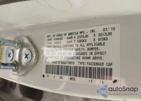 2010 Honda Accord 2.4 Lx z USA, uszkodzony, nr VIN 1HGCP2F3XAA175858